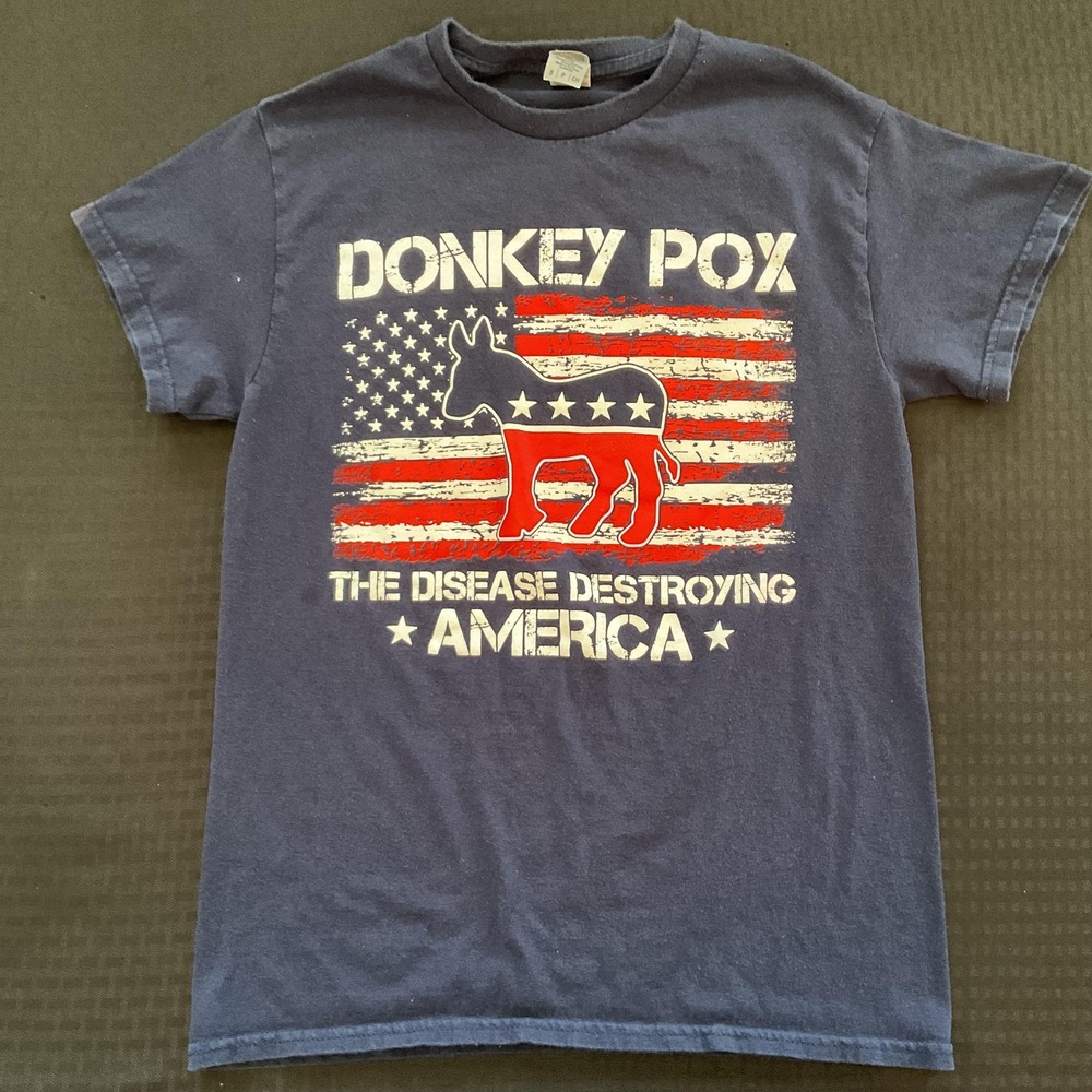 Donkey Pox Shirt Mens Small Navy Blue Gildan Funny Political Graphic America Tee